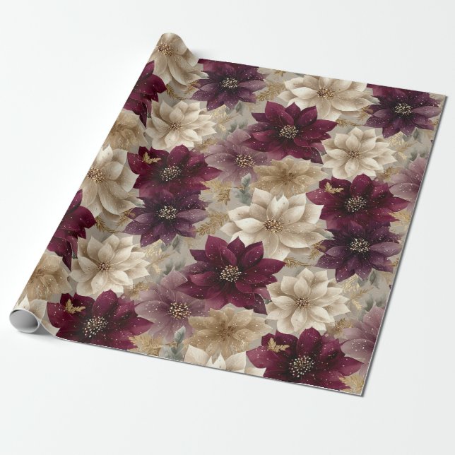 Papier Cadeau Burgundy Poinsettia Christmas Pattern (5) (Déroulé)