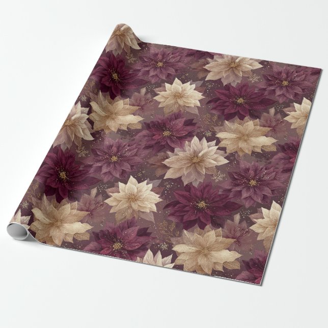 Papier Cadeau Burgundy Poinsettia Christmas Pattern (6) (Déroulé)