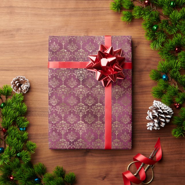 Papier Cadeau Burgundy Red Gold Damask (Cadeau de vacances)