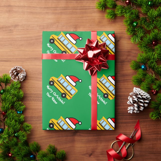 Papier Cadeau Bus scolaire jaune avec chapeau de Noël (Cadeau de vacances)