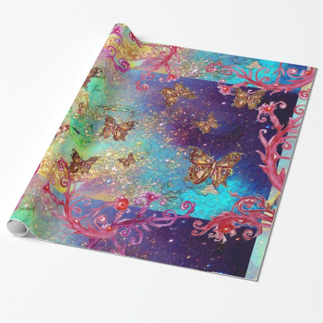 PAPIER CADEAU BUTTERFLITS EN AQUA JAUNE D'OR PARKLES BLEU (Déroulé)