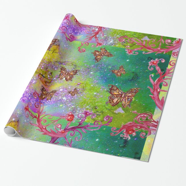 PAPIER CADEAU BUTTERFLITS EN JAUNE D'OR POURRAIENT ÉCLAIRÉS VERT (Déroulé)