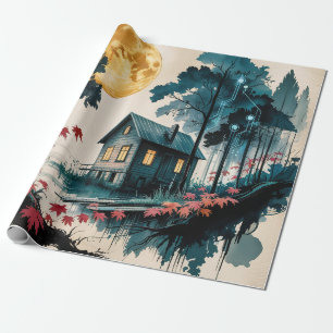 Papier Cadeau Cabane au Clair de Lune, Art de la Forêt Japonaise