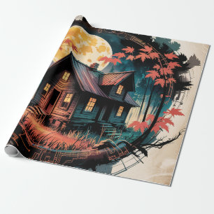 Papier Cadeau Cabane au Clair de Lune, Art de la Forêt Japonaise