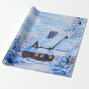 Papier Cadeau Cabine du paysage d'hiver bleu