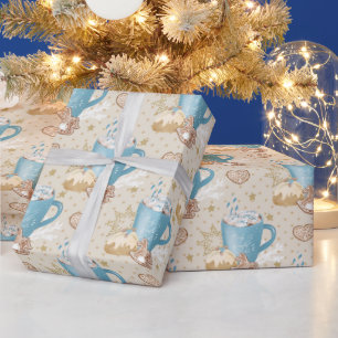 Papier Cadeau Cacao Bleu et Motif Pain d'Épice sur Fond Beige