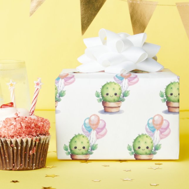 Papier Cadeau Cactus avec bouquet de ballon d'anniversaire (Fête d'anniversaire)