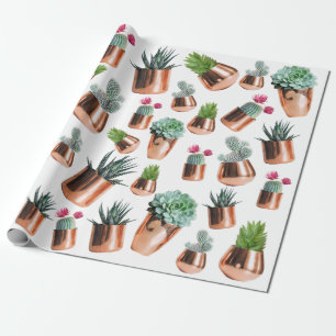 Papier Cadeau Cactus et succulents dans des pots d'or Roses