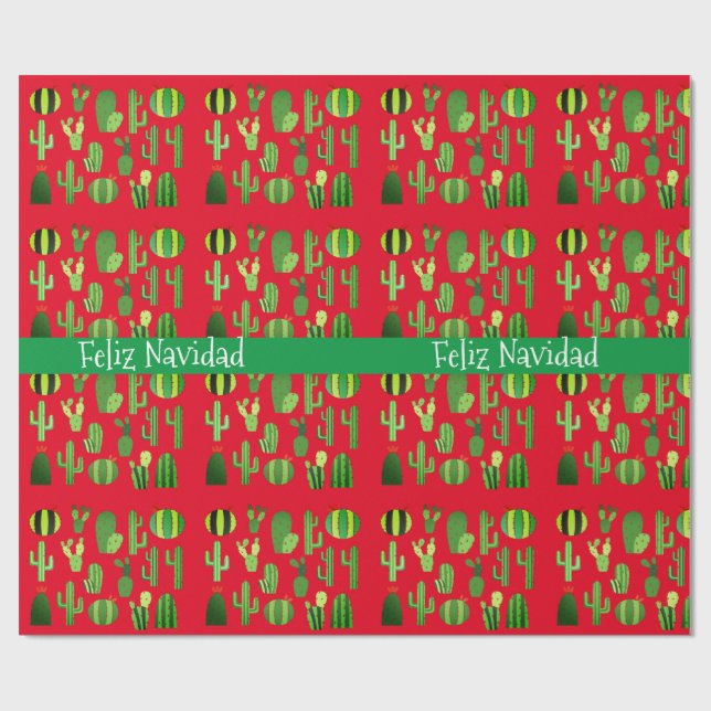 Papier Cadeau Cactus sur Red Feliz Navidad (Plat)
