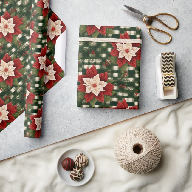 Papier Cadeau Cadeau à motif Gingham de poinsettia vert rouge (Artisanat)