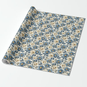 Papier Cadeau Cadeau d'anniversaire Flore bleu et blanc sans j