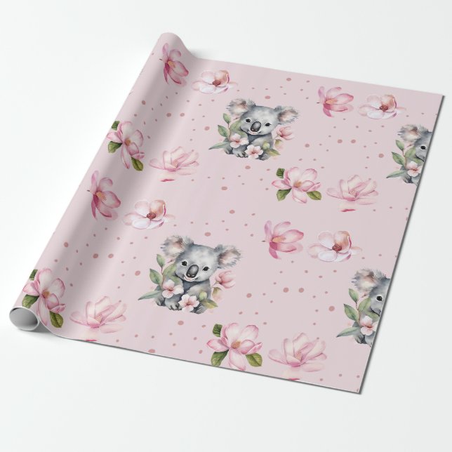 Papier Cadeau Cadeau d'aquarelle rose Magnolia Koala Ours (Déroulé)