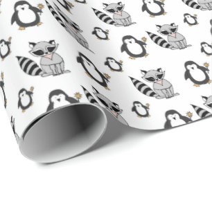 Papier Cadeau Cadeau de bébé amis manchot mignon raton laveur