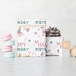 Papier Cadeau Cadeau de fête d'anniversaire Pastel Dino Happy Bi