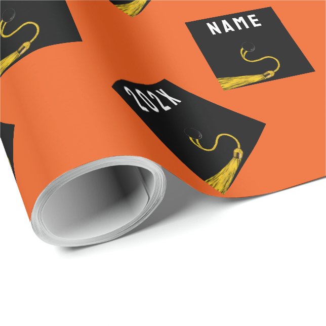 Papier Cadeau cadeau de graduation orange personnalisé (Coin rond)