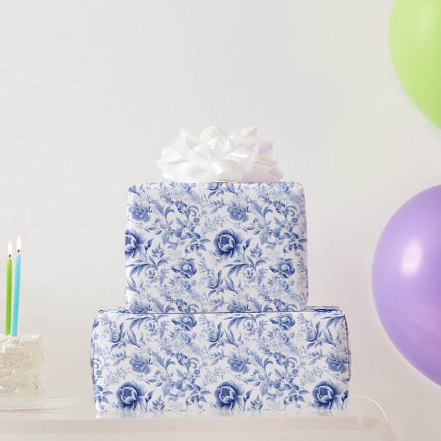 Papier Cadeau Cadeau de mariage toile florale bleu blanc françai (Cadeaux de fête)