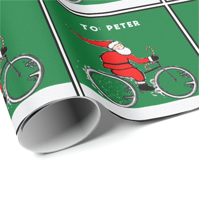 Papier Cadeau Cadeau de Noël Père Noël à vélo (Coin rond)