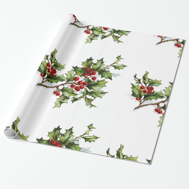 Papier Cadeau Cadeau de style rétro Holiday Holly (Déroulé)