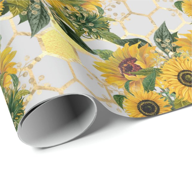 Papier Cadeau Cadeau été Sunflower Gold Honeycomb (Coin rond)