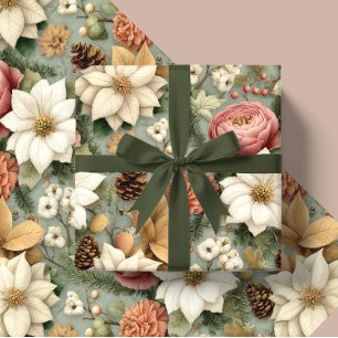 Papier Cadeau Cadeau floral classique de Noël rose et vert sauge