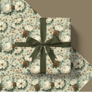 Papier Cadeau Cadeau Floral de Noël Classique Crème et Vert Saug