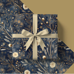 Papier Cadeau Cadeau floral de Noël luxe Navy et crème