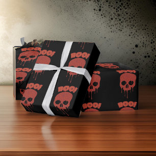 Papier Cadeau Cadeau Halloween Black Éffrayant Boo Skulls