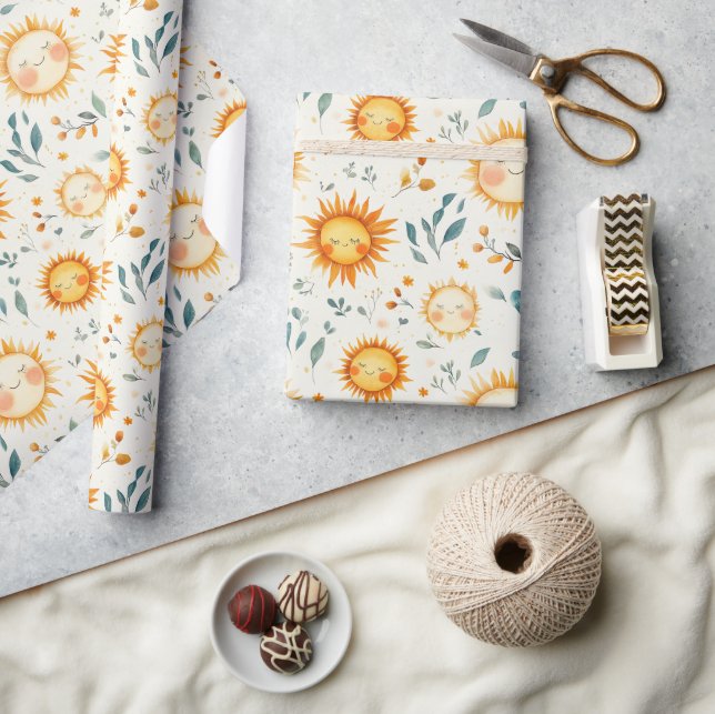 Papier Cadeau Cadeaux de bébé soleil et fleurs Papier d'envelopp (Artisanat)