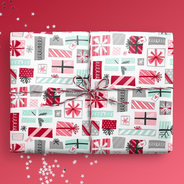 Papier Cadeau Cadeaux de Noël à la menthe et rouge (Mint and Red Christmas Presents Gift Mockup)