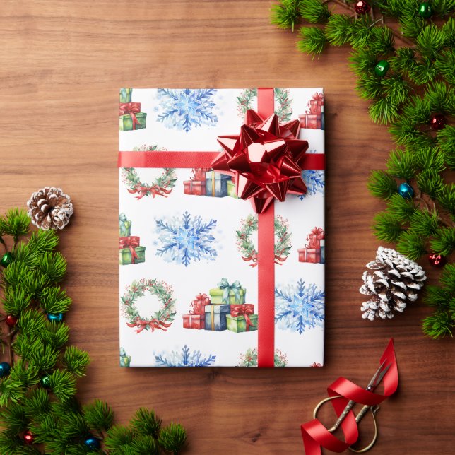 Papier Cadeau Cadeaux de Noël, couronnes et flocons de neige (Cadeau de vacances)