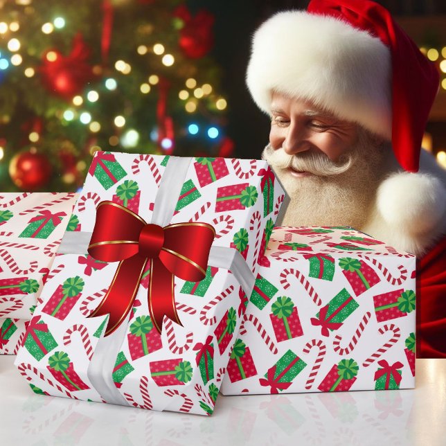 Papier Cadeau Cadeaux verts rouges de Noël avec cannes Cady (Créateur téléchargé)