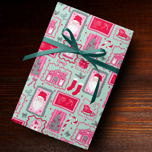 Papier Cadeau Cadres de Coquette Rose Mignon Motif Noël menthe