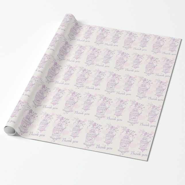Papier Cadeau cage d'oiseau violet rose mariage faveur merci env (Déroulé)