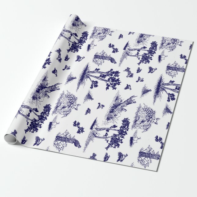 Papier Cadeau Cailles Toile De Jouy Navy et blanc (Déroulé)