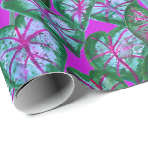 Papier Cadeau Caladiums colorés Aquarelle Feuilles Motif rose