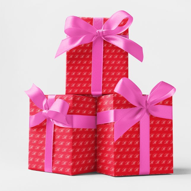 Papier Cadeau Calligraphie classique fantaisie Monogramme rouge  (Fancy Classic Calligraphy Monogram Bright Red Wrapping Paper)