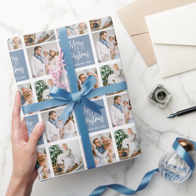 Papier Cadeau Calligraphie Script Noël 3 Photo Dusty Blue (Cadeaux)