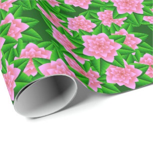 Papier Cadeau Camélias rose givré et feuilles vertes
