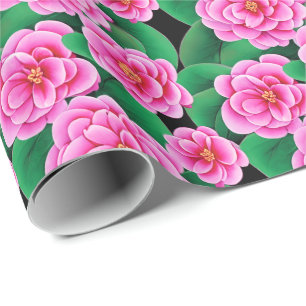 Papier Cadeau Camellias rose Fuchsia et Feuilles verts Jade