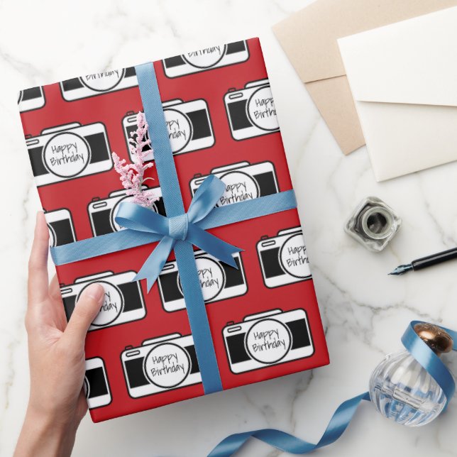 Papier Cadeau Caméra avec texte d'anniversaire en rouge (Cadeaux)