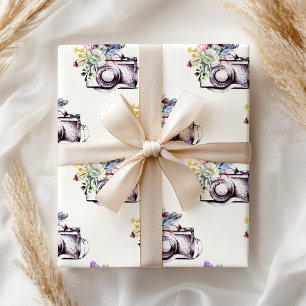 Papier Cadeau Caméra florale bleu violet Boho