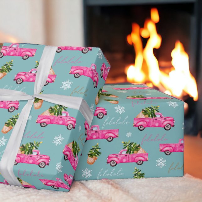 Papier Cadeau Camion d'aquarelle rose festin (Festive Christmas tree pink watercolor truck Wrapping Paper on teal)