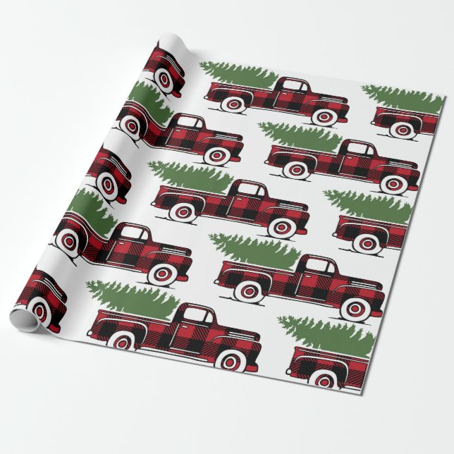 Papier Cadeau Camion de ferme rustique avec sapin de Noël (Déroulé)