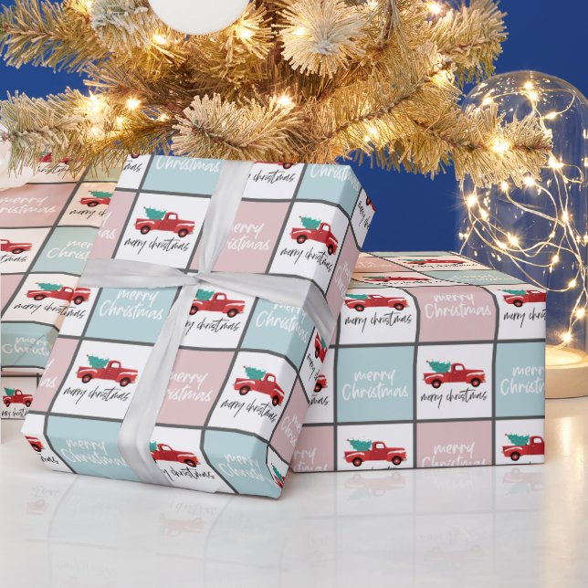 Papier Cadeau Camion de Noël rose, bleu et blanc Joyeux (Vacances)