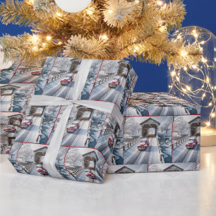 Papier Cadeau Camion Red Retro de Noël et pont couvert