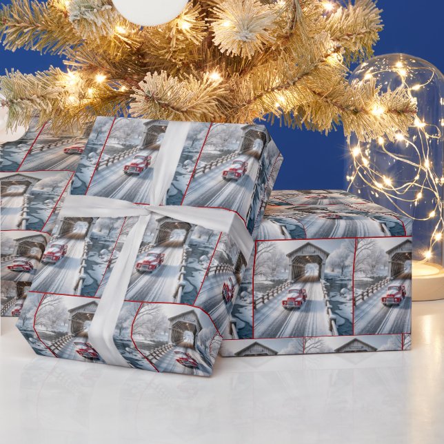 Papier Cadeau Camion Red Retro de Noël et pont couvert (Vacances)