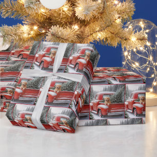 Papier Cadeau Camion Rouge de Noël avec Golden Retriever