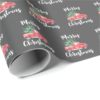 Papier Cadeau Camion rouge et arbre | Gray Joyeux cadeau de Noël