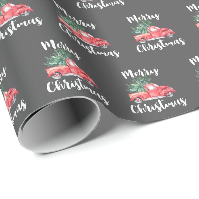 Papier Cadeau Camion rouge et arbre | Gray Joyeux cadeau de Noël (Coin rond)