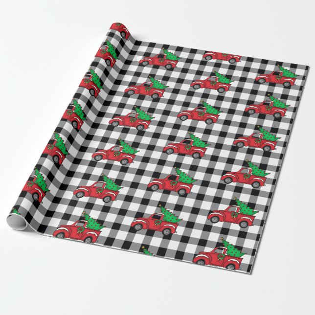 Papier Cadeau Camion rouge | Noir | White Buffalo Check Motif Wr (Déroulé)